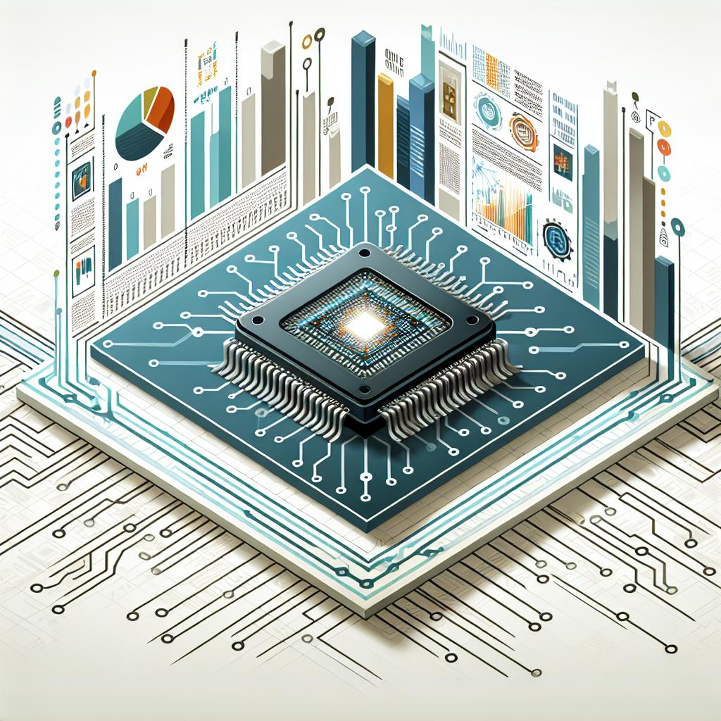 Depict an image that represents a corporate transition into the future of artificial intelligence. In the image, there's a computer chip on a background of circuitry, symbolizing innovation and a technology company's endeavor to stay relevant in the tech market. The style is vector, flat and corporate, with a white, texture-less background and viewed from a 2D linear perspective. Additional elements include digital colors, representing innovation in the field, the figure of a chip, symbolizing the company's focus on technology, and graphics in the background indicating market performance.