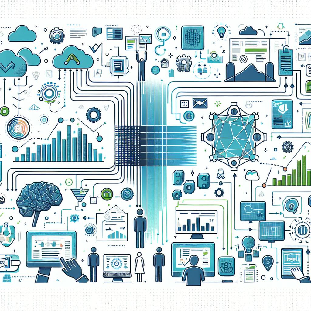 Create a 2D, linear vector flat corporate illustration that represents a collaboration between a German software giant and a data analysis company. The partnership is aimed at integrating data from various sources to facilitate the use of artificial intelligence in businesses. The visual composition should show a seamless data integration and application of AI. Set against a white, non-textured background, the image should have graphs to represent data analysis and flow of information, and AI icons to symbolize automation and advanced intelligence. A noteworthy detail should be the logos of the software giant and the data analysis company, emphasising their partnership. Also, employ shades of blue and green to communicate technology, reliability, and innovation.