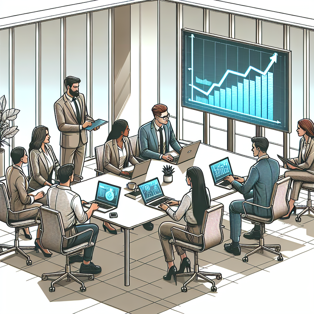 Picture an image in a 2D, linear perspective portraying a modern office setting. In the setting, a diverse group of professionals, a Caucasian woman, a Hispanic man, a Middle-Eastern woman, and a South-Asian man, are engaged in a discussion around a table. Essential elements of technology like laptops and mobile devices should be present within this workspace. In the background, visible on a screen, there's a growth chart symbolizing the positive impact of AI on businesses. This scene should be depicted in a vectorial, corporate style on a texture-less white background, emphasizing the modernity and integration of technology.