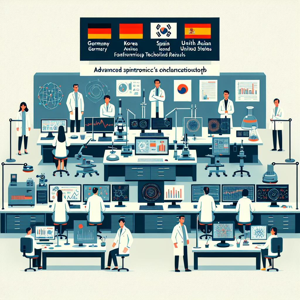 A flat, vector-style image illustrating an advanced spintronics laboratory with an international collaboration of scientists hailing from Germany, Korea, Spain, and the United States - these diverse group will include Caucasian, Hispanic, South Asian, and East Asian scientists. The lab contains state-of-the-art equipment arranged on a work table and screens displaying experimental data. The lab is set against a plain white, textureless backdrop. Additional elements include various laboratory equipment symbolizing forefront technology used in research, screens displaying graphs signifying ongoing experiments, and results. The international team of scientists represents the collaborative nature of the project. There should be emphasis on FePS₃ to signify the key material of the research.
