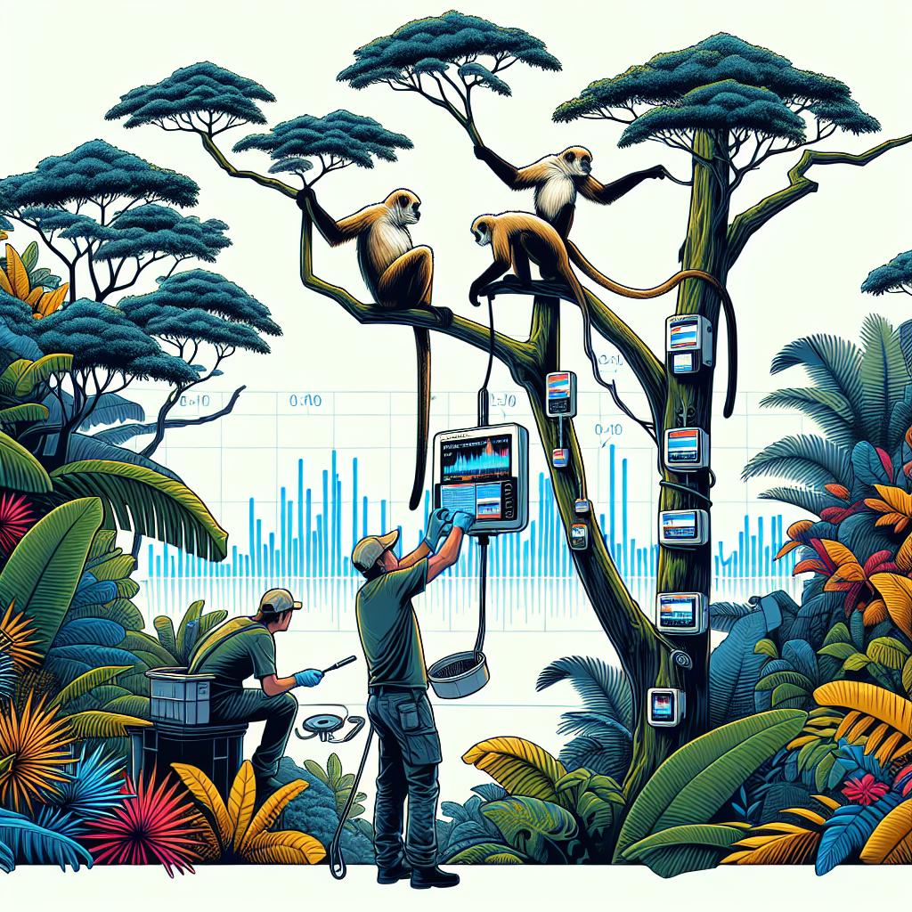 Create a 2D, linear, vectorial flat corporate style image on a plain white background. The image should illustrate researchers installing acoustic monitoring devices on trees in the rich wildlife of the Osa Peninsula in Costa Rica. The main focus should be on the threatened species of Geoffrey spider monkeys in their natural habitat. These monkeys should be depicted in action on the trees. Alongside this, depict the visual representation of the monitors used to track the wildlife creating a vibrant scenery to emphasize the biodiversity of the area.