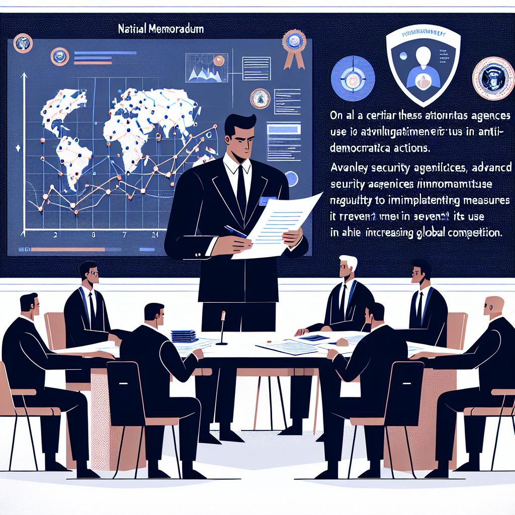 On a certain Thursday, 24th October 2024, a male politician announces a new national memorandum, advising their security agencies to use advanced artificial intelligence (AI) technologies while implementing measures to prevent its use in anti-democratic actions. This is in the context of increasing global competition. The illustration features the politician at a meeting table with security advisors, reviewing documents on the use of AI, with technology graphs in the background. The style is vectorial, flat, and corporate on a white, textureless background. The perspective is 2D and linear. Additional elements include: the politician represented as an innovative technology leader, paperwork symbolizing the new directives about AI, AI graphs highlighting technological advancement, and strategic maps representing the global competition.