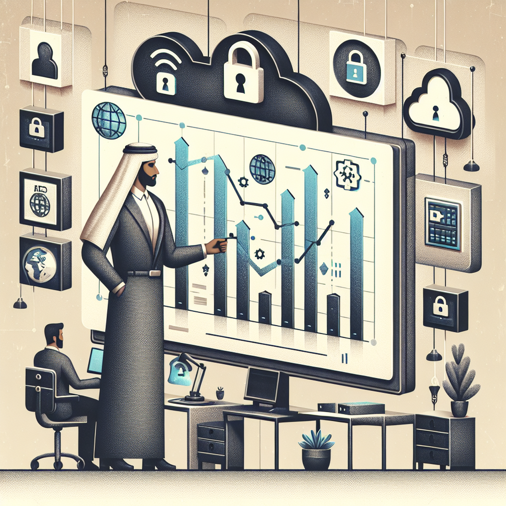 Craft a 2D, flat, vector-style corporate illustration on a texture-less white background. The main scene should depict a middle-eastern genderfluid executive in a modern office setting, examining artificial intelligence (AI) growth charts on a screen. Behind the executive, include cloud icons to represent the flexibility of the 'Bring Your Own Cloud' (BYOC) model. Alongside the cloud icons, place lock icons to symbolize security and data control. This composition aims to demonstrate the strategic decision-making, potential market growth, data security, and innovation in BYOC models within regulated industries like healthcare.