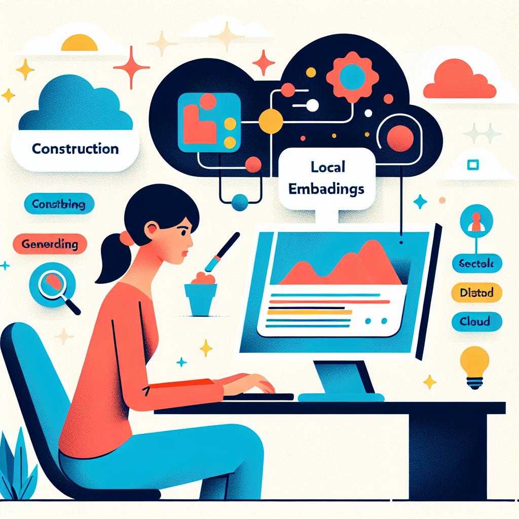 Create a 2D, flat and corporate style illustration on a white and textureless background. The illustration should depict a Hispanic woman sitting in front of a computer, constructing a local vector database. On the computer screen, show graphics that represent data searches and the generation of embeddings, symbolizing the efficiency and results of the search. In the background, imagine a stylized cloud to symbolize the comparison between local and cloud-based solutions.