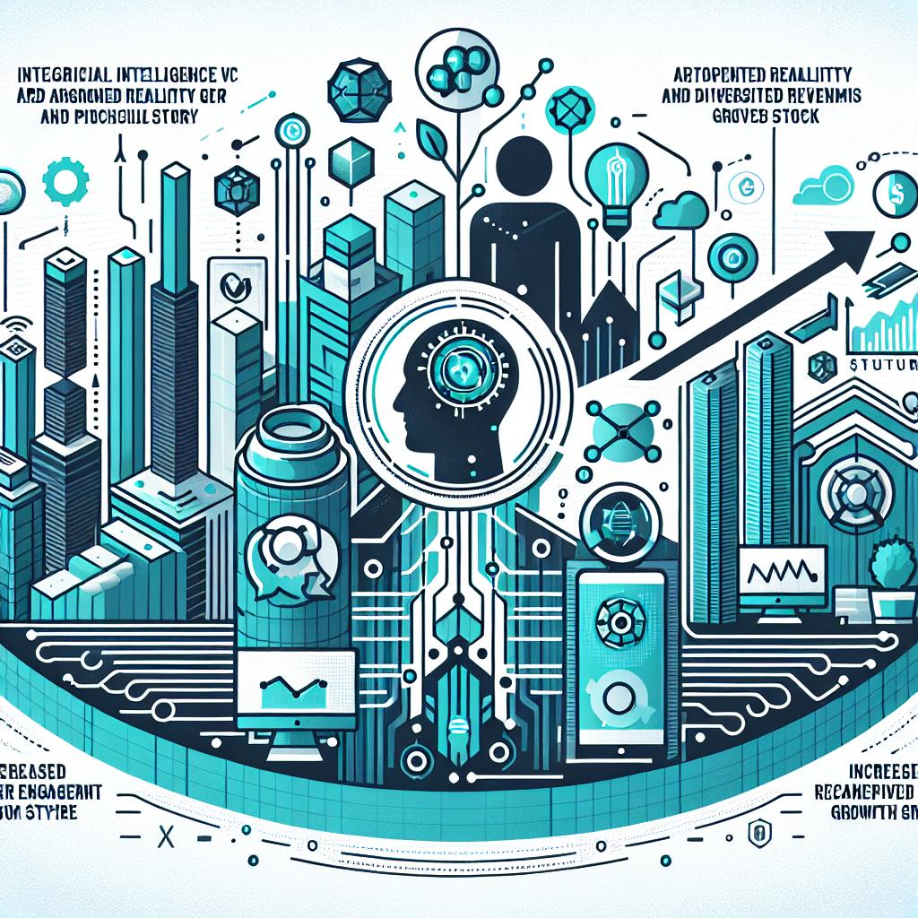 Create a 2D, linear perspective image in a flat, corporate vector style. The background should be white and textureless. The image concept is centered around the restructuring and hopeful future of a generic technology corporation which had experienced a 34.3% fall in their stock in 2024. The company is integrating artificial intelligence and augmented reality, shown by iconic symbols for AI and AR, as a strategic pivot vital for its recovery in 2025. Display an increased user engagement and diversified revenue streams with progressive growth charts. The colors in the background are blue and green, symbolizing innovation and growth.