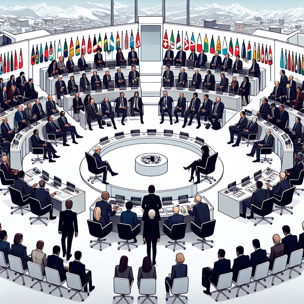 Picture a vector-style, corporate and flat image that captures a panoramic view of Davos, Switzerland during an Economic Forum predicted to occur in 2025. A gathering of global leaders in formal attire are scattered across the event, engaging in lively discussion on policies and global economies. In this 2D, linear perspective image, the leaders encompass a wide range of descents, including but not limited to Caucasian, Hispanic, Black, Middle-Eastern, and South Asian representatives. Also featured are flags from various nations, symbolising the international diversity of the event. In the background, panels for discussions are visible—highlighting the exchange of ideas. The image has a plain white, textureless background.