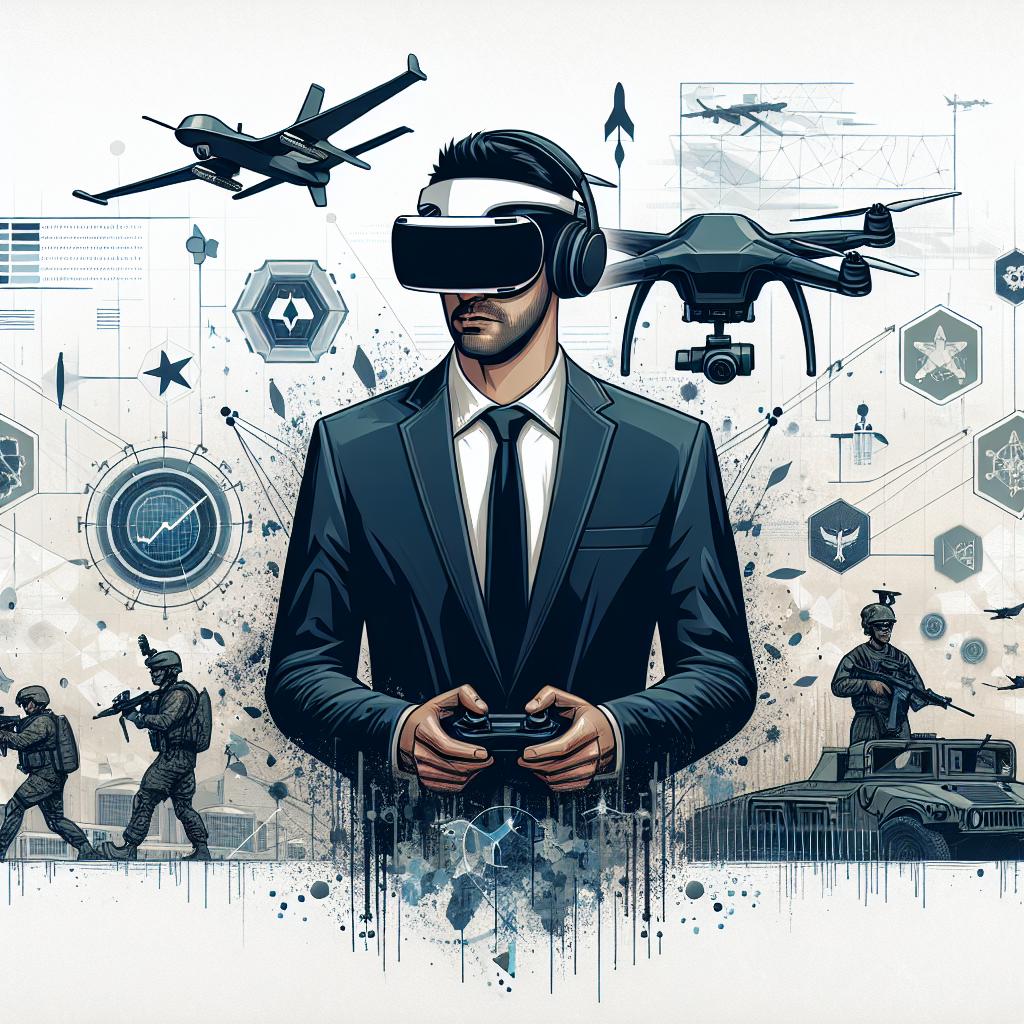 Imagine an image portraying an unidentified but successful tech entrepreneur in a defense technology setting. This individual is interacting with mixed reality headsets and drones. The background features military and technological elements, symbolizing the integration of innovation and defense. The image adopts a flat, corporate, vector style, presented in a 2D, linear perspective on a white, texture-less background. Additional elements include advanced military tech symbolized by drones, mixed reality headsets as the focal point, a military scenario signifying the practical uses of such innovations, dark metallic colors to convey seriousness and innovation, and data graphics indicating AI integration in battlefield scenarios.