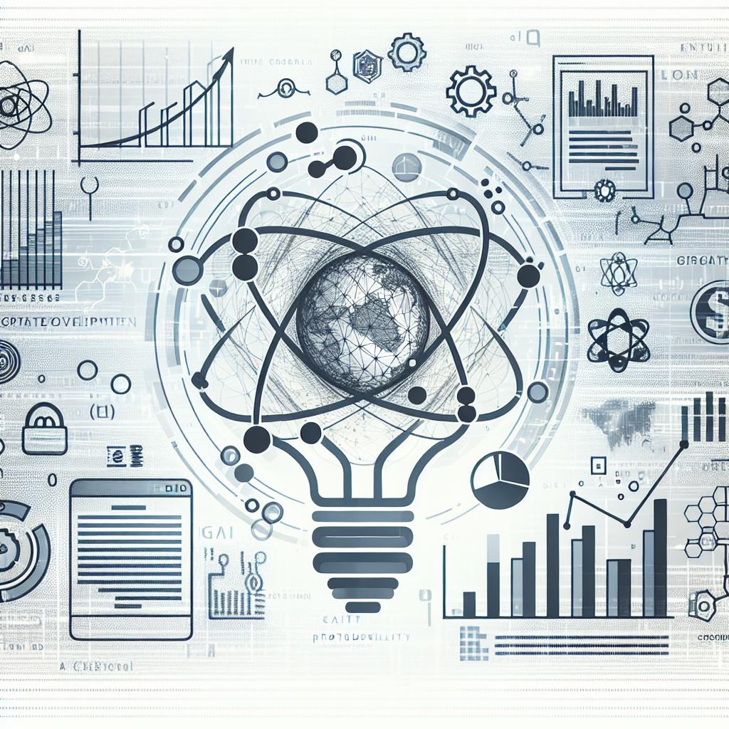 Create a 2D, linear and futuristic image that uses a flat corporate vectorial style. It should feature technological elements symbolizing the advancement of GenAI in software development. Also include code icons, signifying software development, and growth charts that depict potential productivity increase. The background should be digital, representing the era of technology and innovation, but without any texture and on a white base.