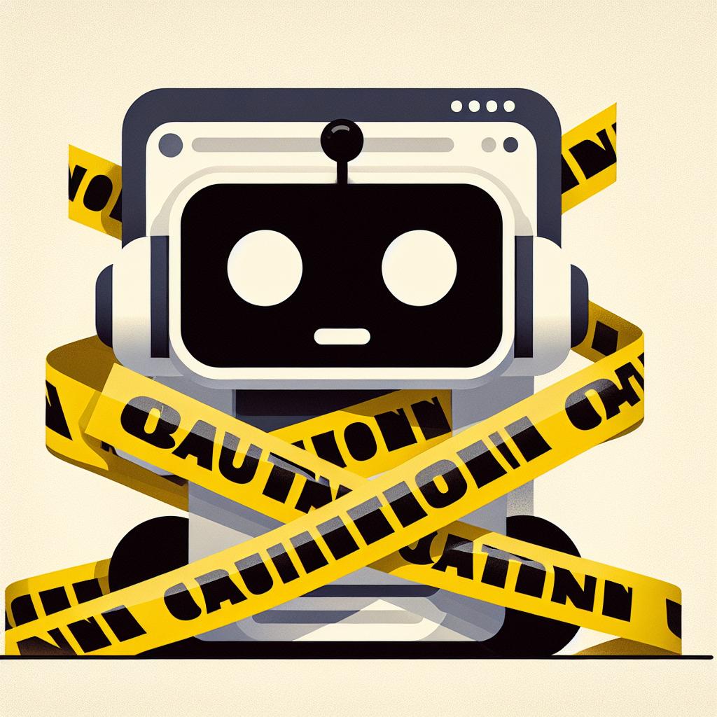 Create a 2D, flat and corporate style illustration on a textureless white background. The image should depict a yellow and black, caution tape symbolizing restrictions, stretched across the foreground. Behind the caution tape, show a grey screen of a chatbot application symbolizing the DeepSeek application. The overall color palette should be sober, conveying the seriousness of the situation. The design must be vector-based.