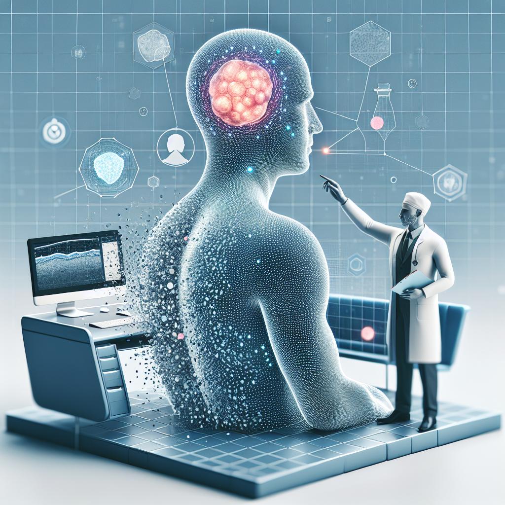 Imagine a 2D, linear perspective image in a flat corporative style over a clean, white, and non-textured background. This image depicts a modern visualization of interaction between patients and AI technology in the diagnosis of skin cancer. In this scene, a patient with an unspecified descent and gender is consulting with a dermatologist via a computer screen, symbolizing the AI technology. Emerging from the computer, a skin map represents the focus on skin cancer. To convey the idea of innovation and modernity, you can include subtle details suggesting technology in the background. This entire setup portrays recent research highlighting the potential of AI to revolutionize the diagnosis and prevention of skin cancer, thereby significantly changing patients' approach to healthcare.