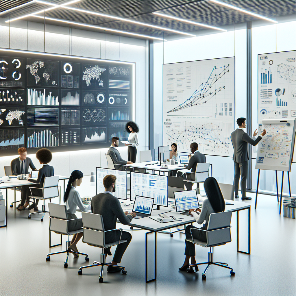 Render a modern, 2D, corporate-style office portraying the innovative work environment of a top-rated technology company. Depict an open, collaborative space populated with multi-racial team members: a Middle-Eastern woman in a discussion at a desk, a South Asian man brainstorming ideas on a whiteboard, a Black woman viewing data graphs on a computer screen, and a Caucasian man working on a tablet. Accentuate the setting with flat design and a white, textureless background. Display prominent elements like data graphs on large screens and a whiteboard strewn with annotations and ideas, symbolizing the company's data-driven decisions and culture of continuous learning.