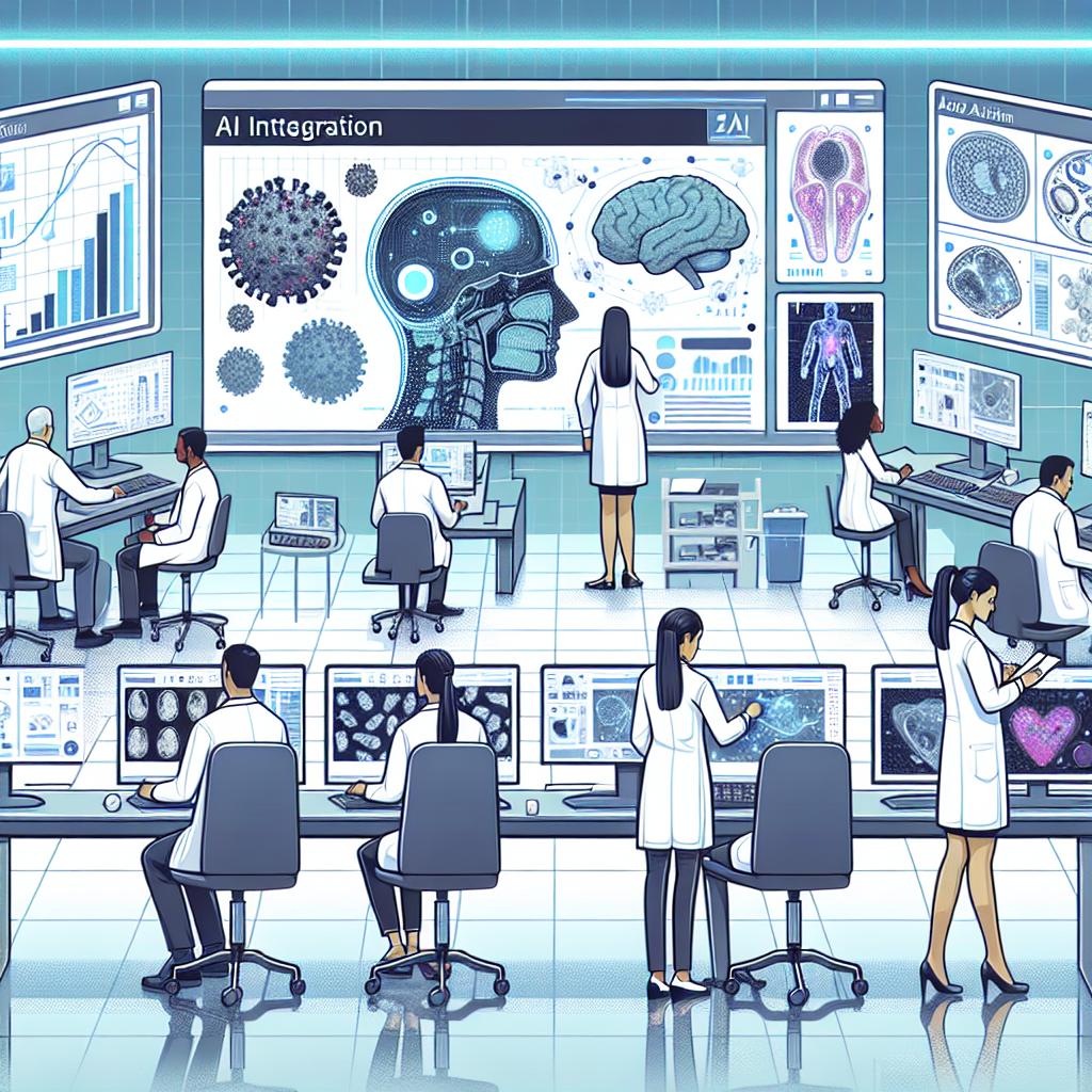 Create a 2D, linear perspective image in a flat, corporate vector style. The scene is set in a modern, technologically advanced and brightly lit laboratory. An ethnically diverse group of scientists, both male and female, dressed in lab coats are engaged in healthcare research. They are examining digital pathology slides. Large screens displaying various charts and data representing AI integration are prominent. These elements contribute to an atmosphere of innovation and progress. The background is white and texture-less.