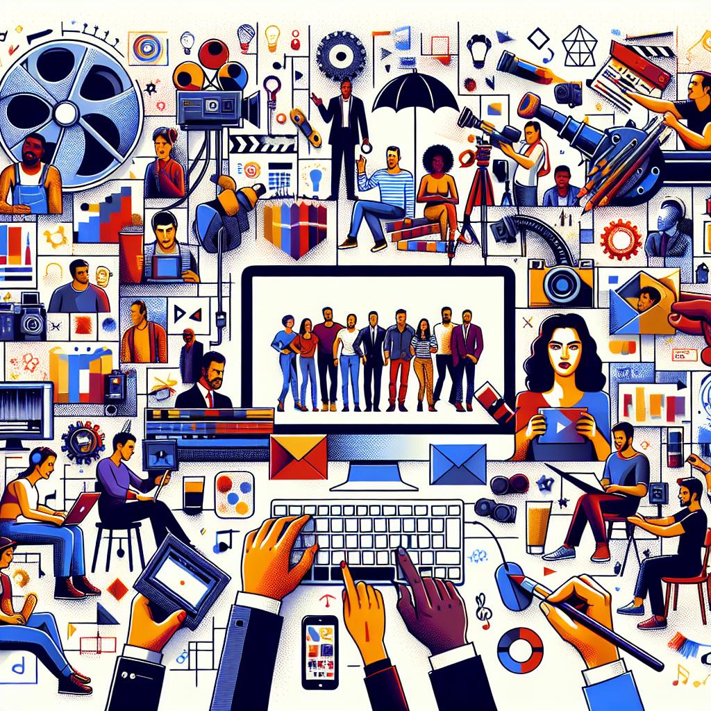 Create an image in a vector, flat, and corporate style on a 2D linear perspective. The image is set on a white and texture-less backdrop and features a collage of creative professionals engaging in different media, such as film-making and graphic design. Depicted in the image are scenes of movie production symbolizing the connection to the film industry, computers and technological devices signifying the integration of Artificial Intelligence, and artists in action, showcasing the diversity of talents accessible in the platform. The artists should be from a mix of descents like Hispanic, Black, Caucasian, and Middle-Eastern. They should also represent a variety of genders.