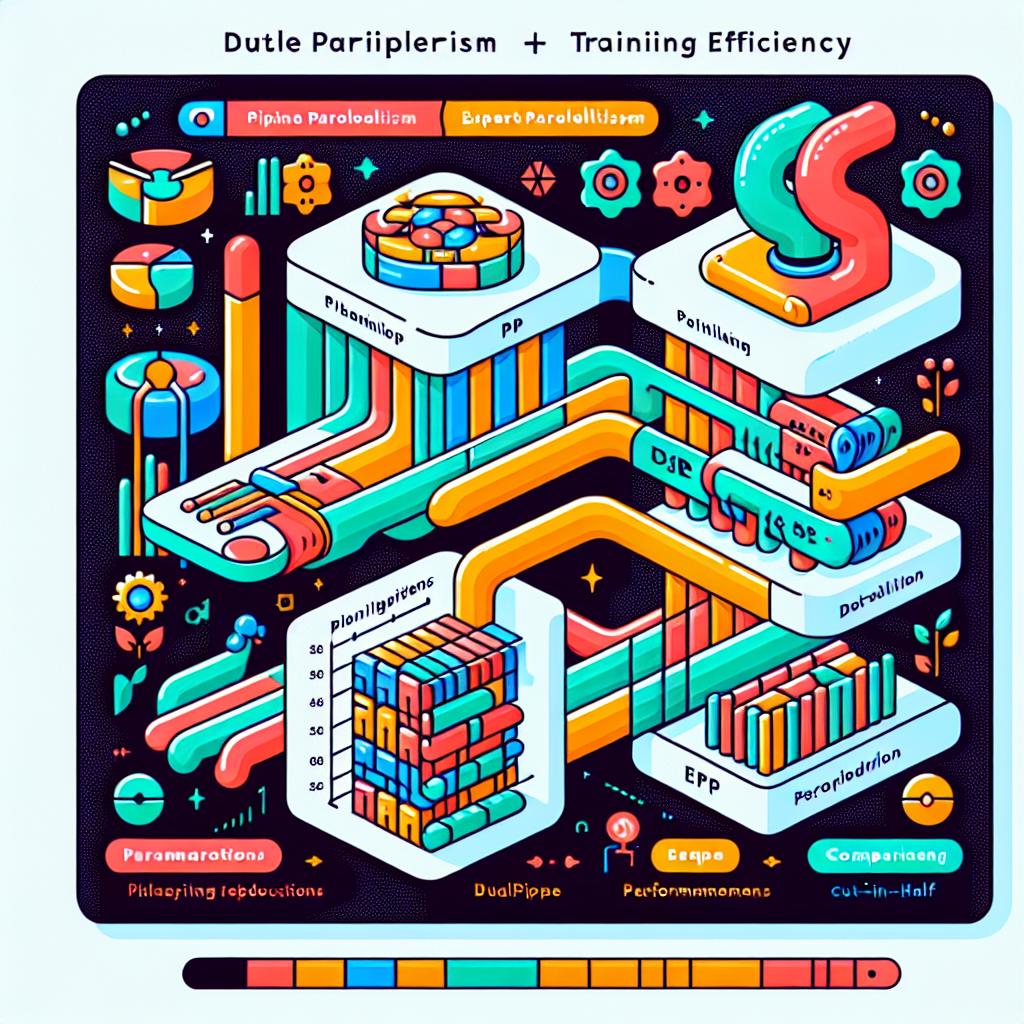 DualPipe and Training Efficiency Diagram: An image is desired, set in 2D linear perspective. The style must embody the corporate and vector qualities, using a flat design aesthetic. Set against a white, untextured background. To illustrate the comparison between the pipeline parallelism (PP) and expert parallelism (EP) efficiencies of DualPipe and Cut-in-half, include comparative charts that highlight parameter reductions and performance improvements. Utilize vibrant colors to catch the viewer's attention and incorporate machine learning icons to help provide context.