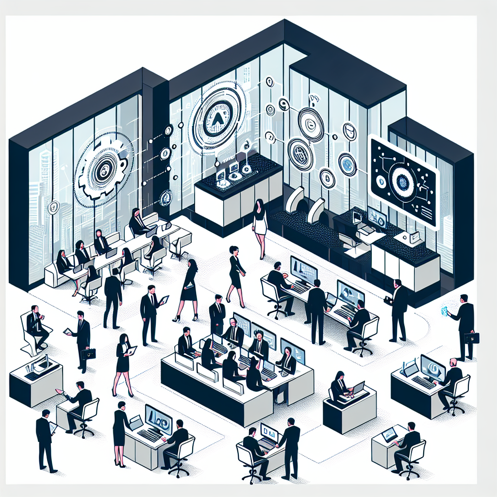 Create a 2D, Linear, Vector Art image showcasing a modern law firm. Show an egalitarian mix of male and female lawyers from different descents, including Caucasian, Middle Eastern, South Asian, Black, and Hispanic, busily interacting with cutting-edge technology, like tablets and computers. Have them interacting with a digital interface that symbolizes an AI solution. The setting should be professional, well-lit, and oozing with innovation and efficiency. Populate the space with computers representing technology integration, and digital charts signifying data analysis and automation. The lawyers should be shown in discussions to symbolize collaboration and idea-sharing. Also, include a generic logo that signifies a partnership with a tech solution provider. The image should have a white, texture-less background, reflecting a corporate style.