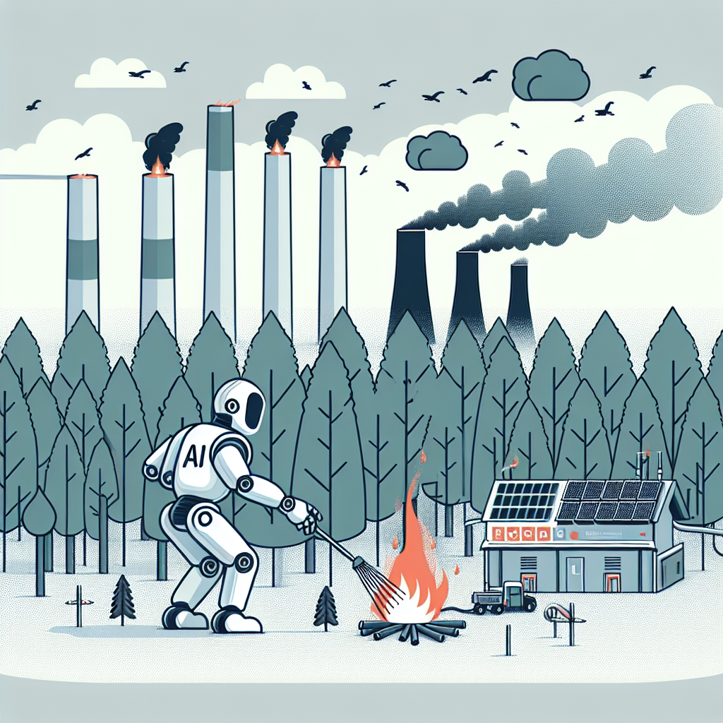 Create a 2D, flat, vector-styled image set against a plain white backdrop. The scene depicts a futuristic robot symbolizing AI, actively attempting to put out a forest fire, signifying the challenges posed by climate change. In the background, an operational coal power plant signifies our current fossil fuel dependency. An overcast sky overhead represents pollution and environmental impact. Solar panels are also subtly presented in the background to indicate the urgent need for a transition to renewable energy sources. The perspective should be linear with a corporate aesthetic.