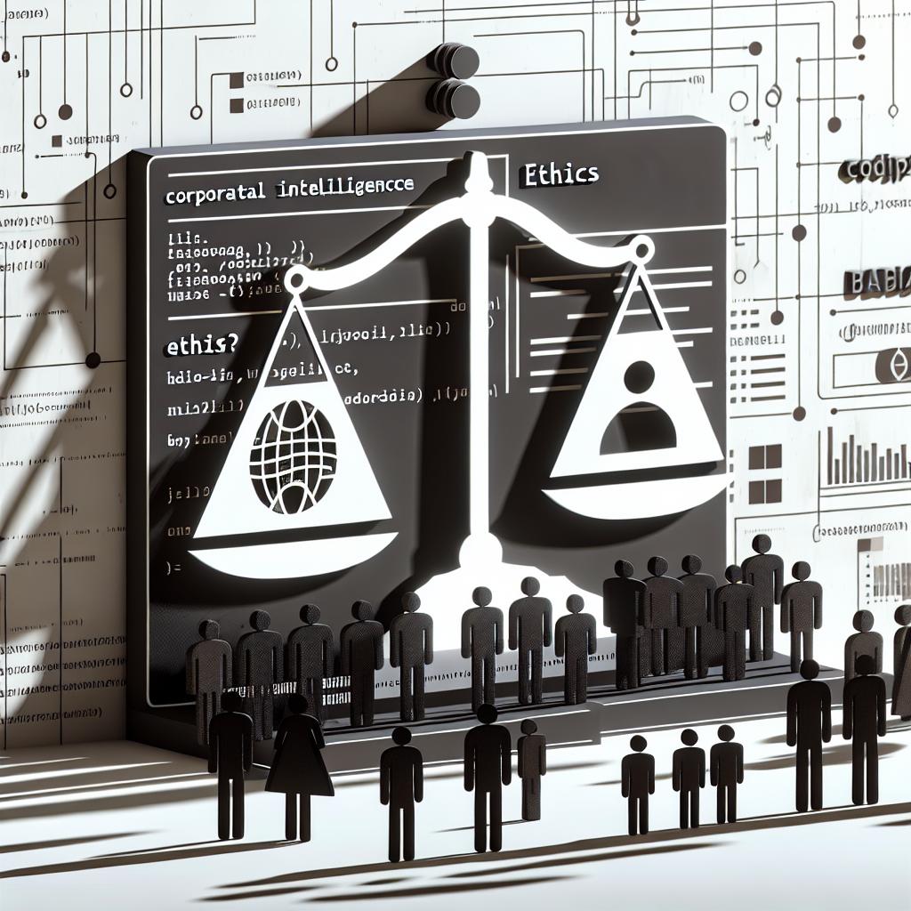 Create a 2D, linear perspective image featuring corporate and vectored, flat-style elements capturing the struggle between Artificial Intelligence and ethics. The image foreground includes symbolic references such as coding symbols indicating the focus on AI programming and a balance scale, representing ethics and the need for equilibrium. Shadows of human silhouettes are incorporated, symbolising the potential impact on humanity. The image has a dark background to emphasise the seriousness of the subject matter. The overall composition is set against a white, untextured base to strike contrast and underscore the prevailing theme.