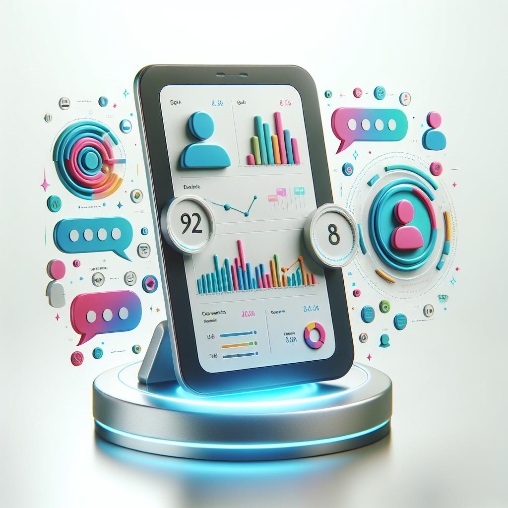 Create a 2D, flat, corporate-vectored image. The setting is on a smooth, texture-less white backdrop. Display a sleek modern device, showcasing the Echo AI platform in action, graphically representing conversation data and insights on its screen. These graphics should use vibrant colors to draw attention to the data and results. The image background features symbolic dialogue bubbles, capturing the interaction between clients and agents. Lastly, subtly incorporate the Echo AI logo into the image to link the brand visually. Be sure to include a broad variety of age, gender, and descent representations in the dialogue bubbles.