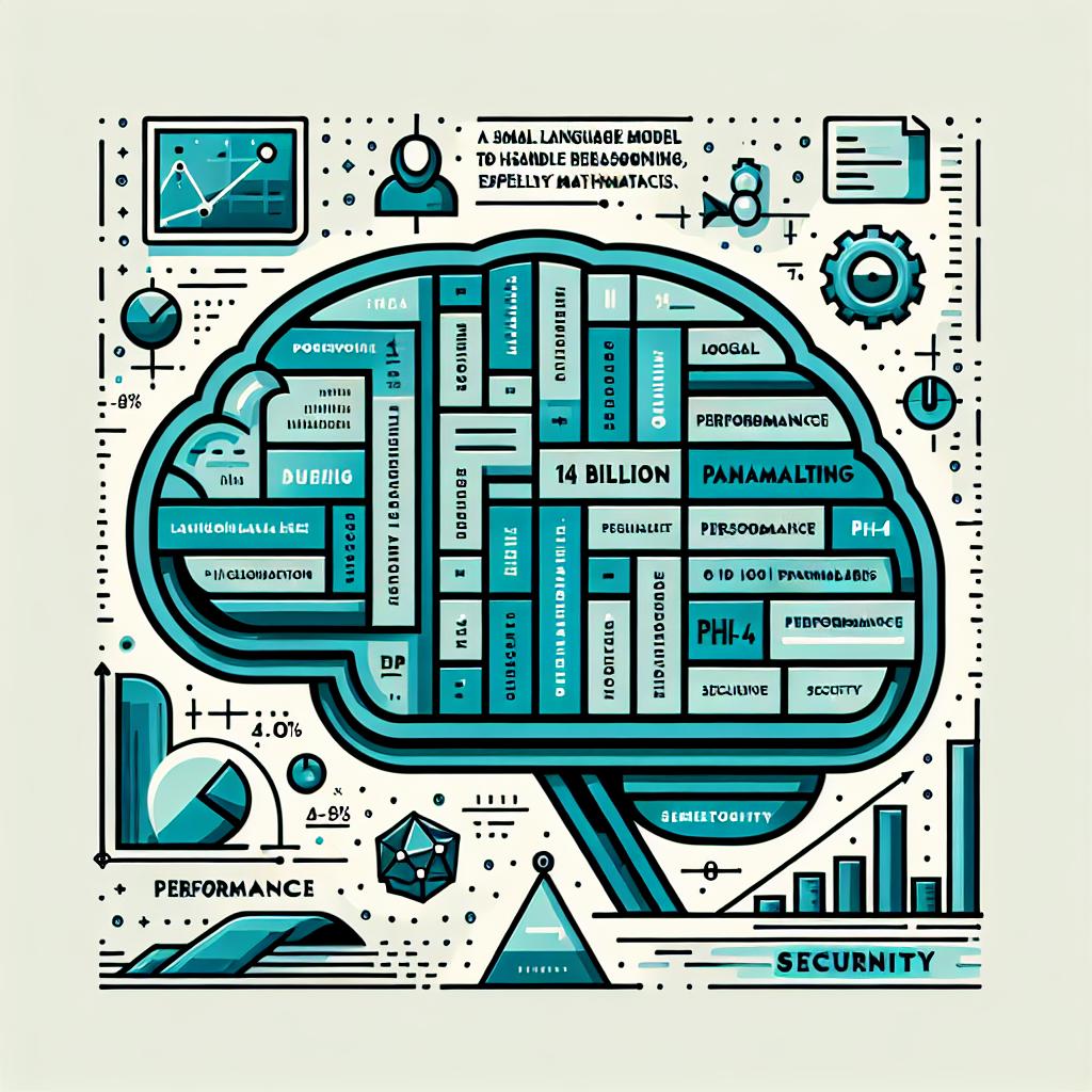 A flat, vector illustration demonstrating the concept of Microsoft's fictional Phi-4 model, a small language model with 14 billion parameters designed to handle complex reasoning, especially in mathematics. The image is shown in 2D, linear perspective against a blank, white, textureless background. Major elements include a stylized brain indicating logic and intelligence, performance charts symbolizing the comparison with other models, and security icons illustrating risk mitigation capabilities. Utilize a corporate aesthetic with blue and green colors signifying technology and innovation.