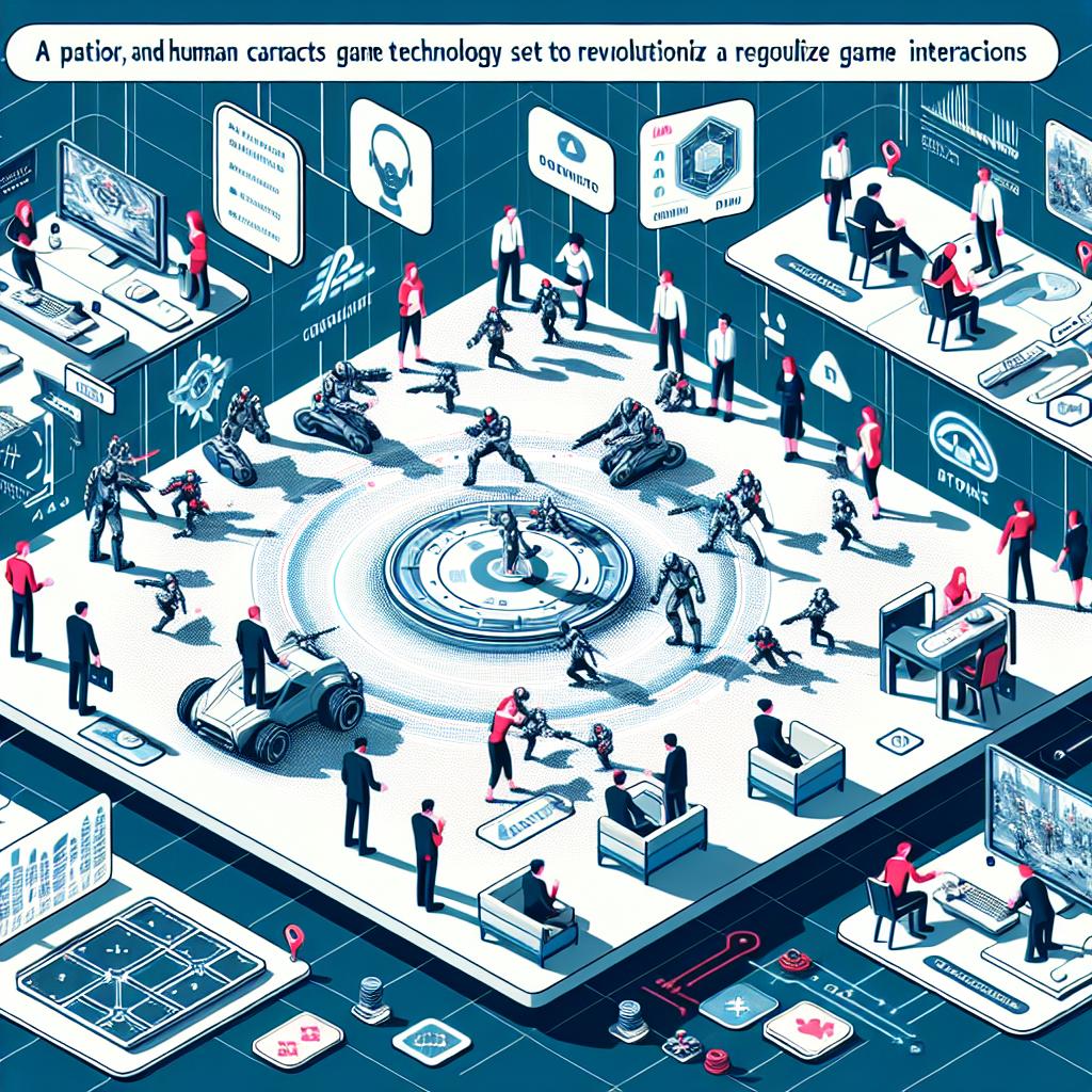 Depict a flat, vector-style, corporate scene that is set within a 2D, linear perspective. This is situated on a white, texture-less background. The setting is a vibrant, interactive game environment where characters and human gamers are actively engaging with one another, showcasing the capacity of a new AI technology set to revolutionize game interactions. These digital characters appear realistic and their actions emphasize the immersion made possible by this novel technology. Details such as a simulated battlefield reminiscent of a popular fighting game and game interface elements should be included to highlight the game's interactivity.