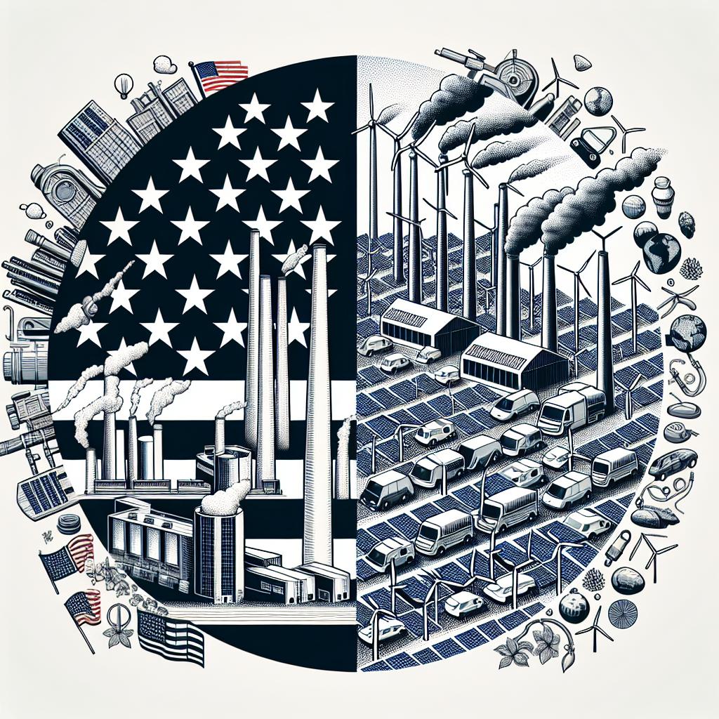 Create a 2D, linear, and corporate-style vector image on a white, texture-less background. The image should have a contrasting montage of factories representing traditional industry versus clean technologies like electric vehicles symbolizing the future of sustainable mobility and wind farms illustrating threatened renewable energies. As a part of additional elements, also include the US flag indicating national policy and its global influence without any direct or indirect allusion to any specific public figures leading these climate actions. The overall image represents the transformational climate actions taking place.