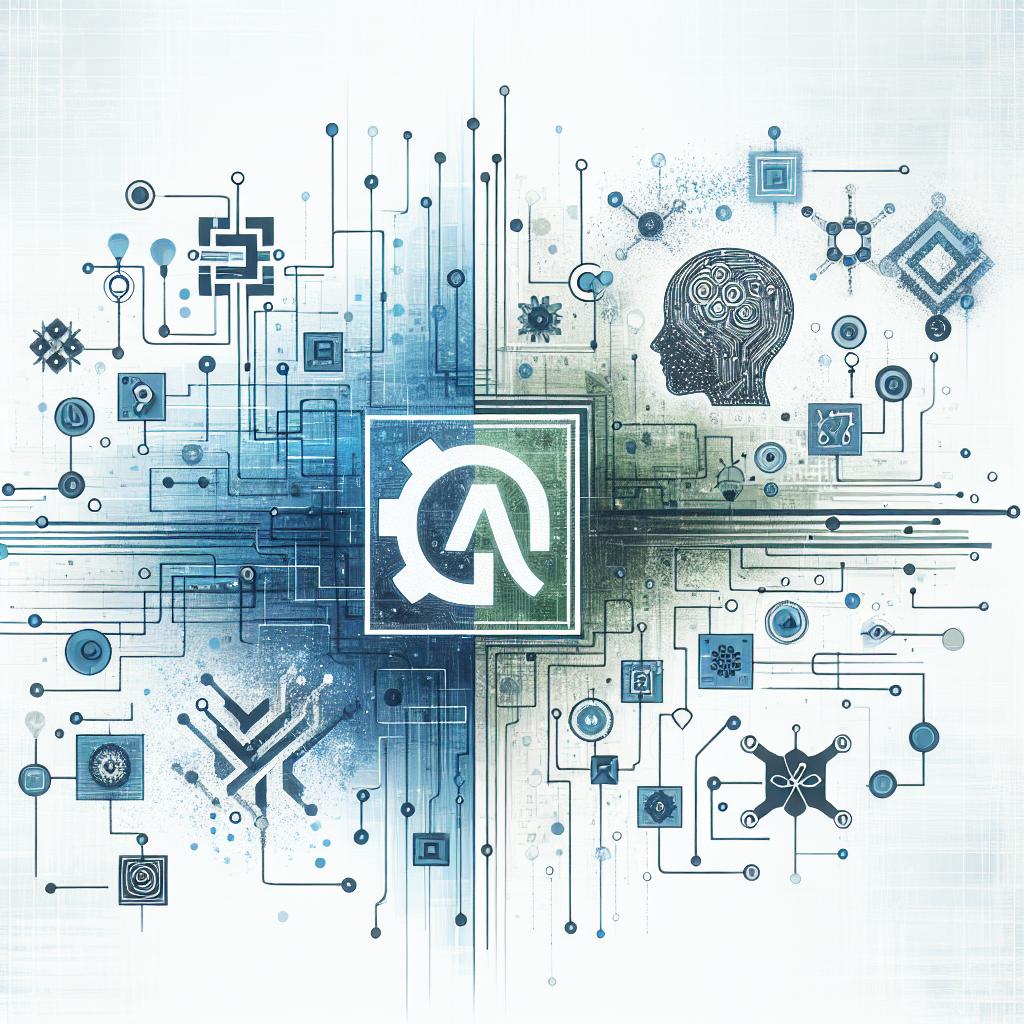 Create a 2D, vector, flat, corporate style image that represents the partnership between two technology companies. The background of the image should be white and textureless. In the image, include an abstract representation of advanced technology to symbolize modernity and efficiency. Include elements like symbolic logos of generic technology platform and an AI innovation company. Combine this with graphic elements of circuits to signify digital connection and transformation. Use shades of blue and green to suggest technology and innovation. Also, include symbols of generative Artificial Intelligence to reinforce the focus on AI solutions. The image conveys successful collaboration and implementation of AI solutions.