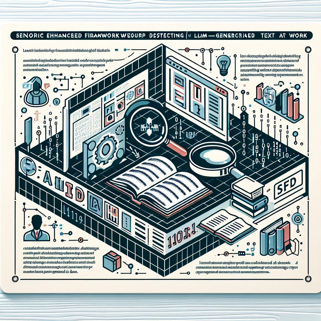 Illustrate a 2D, vector-style, flat, corporate-style image on a white, texture-less background. The image highlights the Semantic-Enhanced Framework for Detecting LLM-Generated Text (SEFD) at work, scrutinising and identifying AI patterns in texts. Include these in this image: a digital space symbolizing the backdrop where texts are generated, binary codes representing the technology behind AI, library icons emphasizing its application in education, and magnifying glasses depicting the critical analysis of content. Use linear perspective. Can also include graphical representations of words and semantic connections.