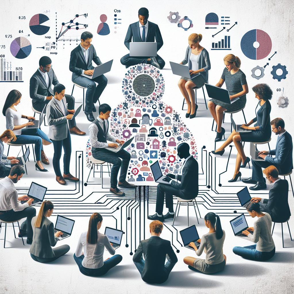 Create a 2D, vector and flat corporate illustration in a white, textureless background. The image consists of a culturally and linguistically diverse group of people consisting of different genders and ethnicities such as Caucasian, Hispanic, Black, Middle-Eastern, and South Asian all collaborating on a Natural Language Processing (NLP) project. Each individual is working on their laptops, and there are data visualization graphs in the backdrop. They are interacting and exchanging ideas, symbolizing collaboration. The background hints at creativity and innovation.