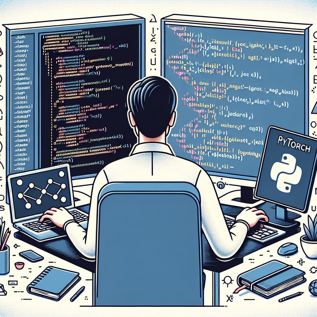 Create a 2D, linear, vector-style, corporate image on a smooth white, untextured background. The illustration should depict a young, enthusiastic software developer of Hispanic descent engaged with two computer screens. One screen should display PyTorch code, while the other exhibits JAX code, symbolizing the transition between the two libraries. Additionally, include a notebook alluding to the available tutorial and programming books representing learning and knowledge. Featured code snippets should further highlight the distinctions between the two libraries.
