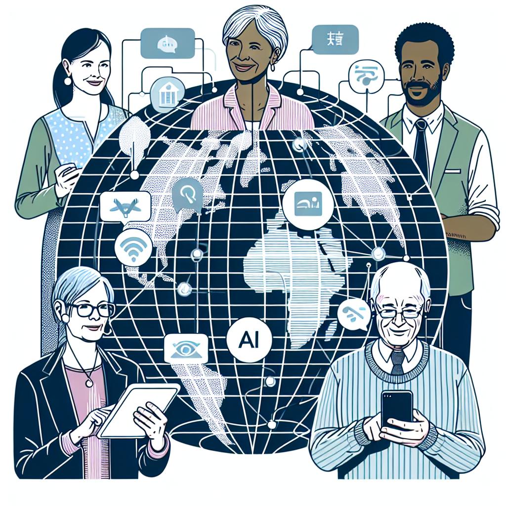 Generate a corporate, flat, and vectorial-style image in 2D linear perspective depicting global connection as promoted by the Aya model. On a white, textureless background, show diverse individuals of different age and ethnicity to symbolize inclusion. There should be a Caucasian elderly woman, a Hispanic teenager, a Black middle-aged man, and a South Asian child interacting with AI technology on devices like tablets and smartphones. Place them around an Earth globe to signify global reach. Include language icons to represent the various languages Aya caters to. Use lines or beams of light connecting the people, signifying the ease of communication facilitated by Aya.