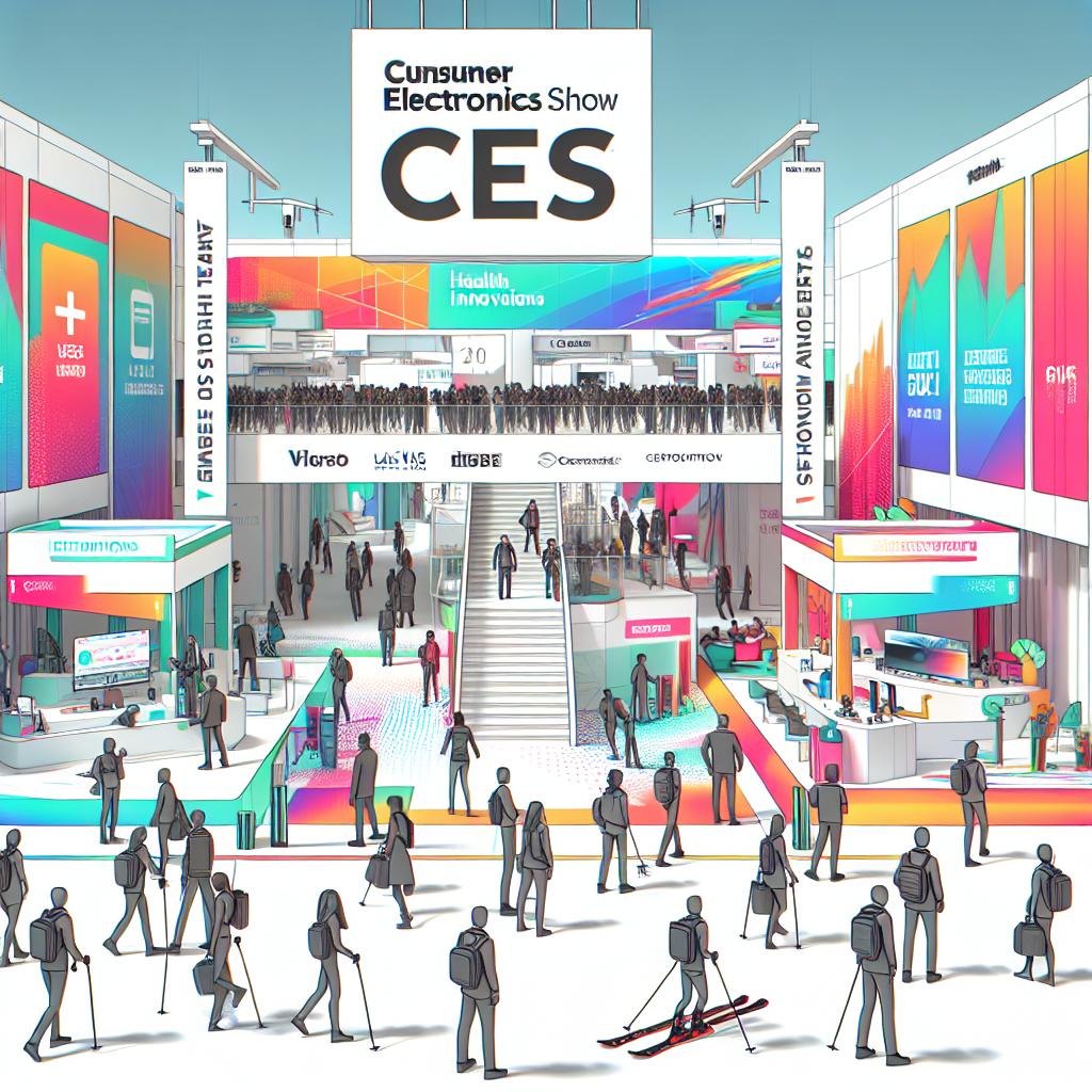 Render a vibrant scene from the Consumer Electronics Show (CES) 2025 in Las Vegas in a flat, corporate vector style, with a 2D linear perspective on a white, untextured background. The scene should brim with people of various descents and genders interacting with the showcased cutting-edge technologies such as health innovations and electric skis. In the background, place banners of exhibiting companies (without any real logos or company names) to provide context to the event. Emphasise technological devices to highlight the innovation in display. Also, imbue the environment with a sense of exhilaration and innovation, accentuated by bright, vivid colours signifying the event's energetic atmosphere.