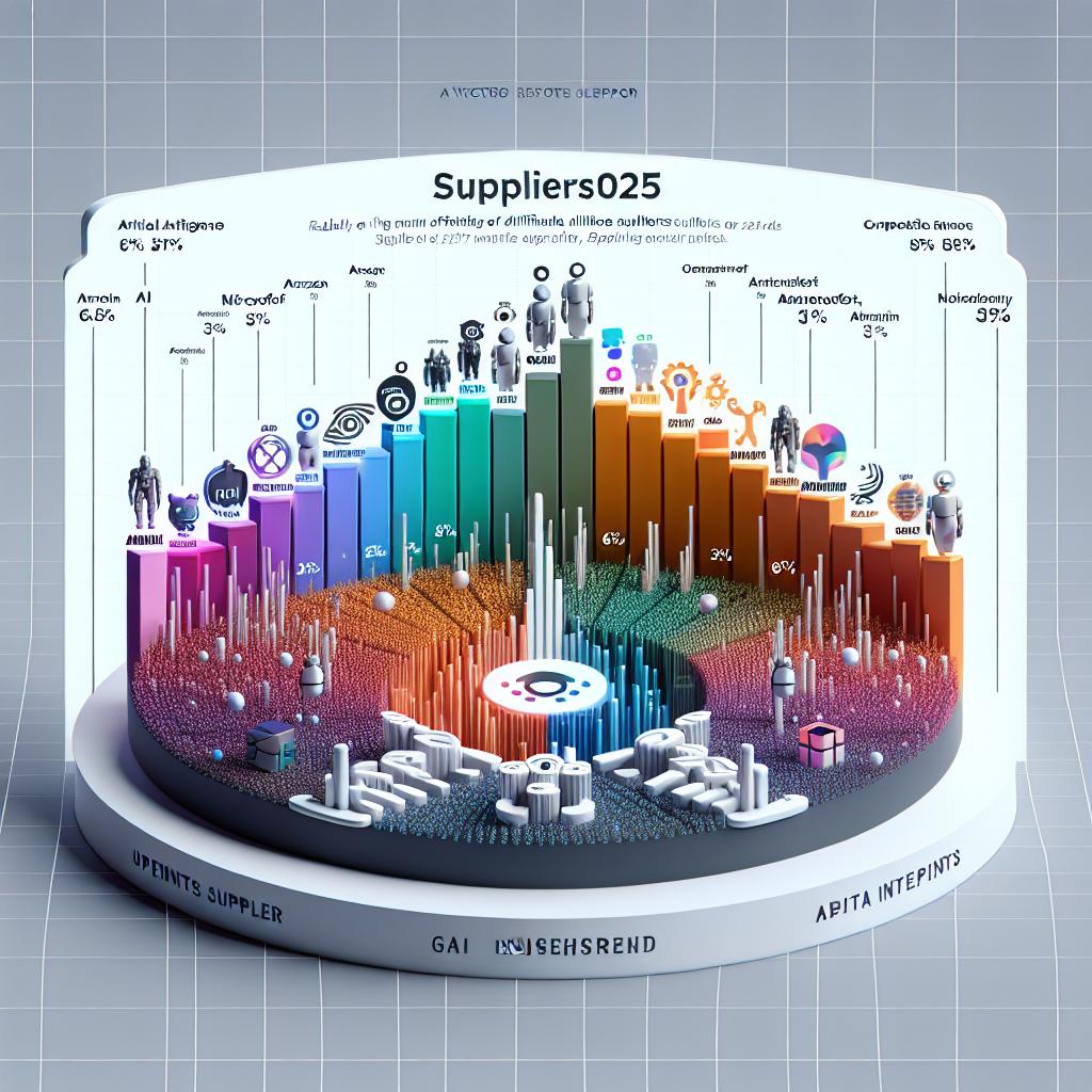 Create a 2D, vector-style and corporate image on a plain white background. The image portrays the rapidly evolving market of Artificial Intelligence (AI) suppliers in 2025, as per GAI Insights report. There's a bar graph demonstrating the market share for each supplier. OpenAI leads the market with 65% share, standing out prominently in the visualization, in contrast to emerging competitors like Amazon, Microsoft, and Anthropic. Each supplier is represented in distinct colours for easy distinction. The OpenAI logo is highlighted to emphasize its leadership. Also, include a brief text summarizing the trends of 2025 to provide context to the image.