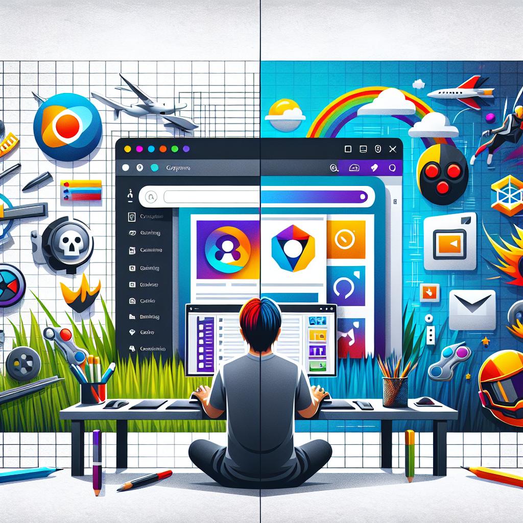 Create a 2D, vector style artwork on an untextured white background using a corporate and flat style. Divide the image into two parts. On the left, display the interface of a web browser that is designed for gaming enthusiasts. The interface should be vibrant and depict various customization options suitable for both desktop and mobile devices. On the right side, illustrate a gamer ultra-focused on their interactive, modern workspace, indicating the integration of browsing and gaming. Make sure to include gaming and browsing icons across the image and use bright colors to emphasize the idea of customization and modernity.