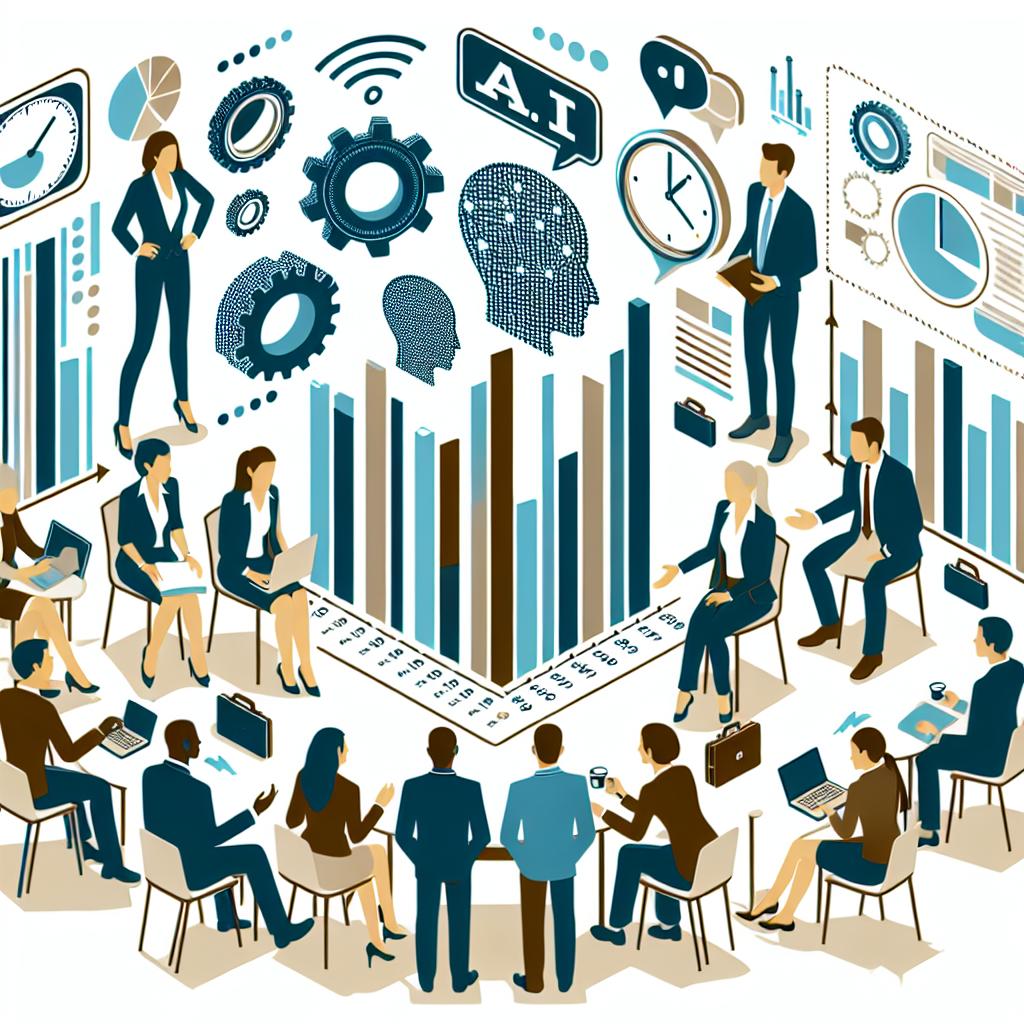 Create a 2D vector-style corporate artwork depicting a group of businesspeople of mixed genders and diverse descents engaged in a discussion about adopting AI technology. They are surrounded by graphs that represent the potential increase in costs associated with AI tools in businesses, representing both large organizations and small and medium businesses. A non-textured white background sets off the soberly colored elements, which include a clock, symbolizing the time and efficiency AI can bring. Aim to transmit a feeling of seriousness and reflection through the artwork.