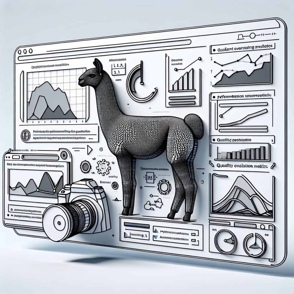 A medium shot in a 2D, linear perspective. The vector styled image takes place on a white, textureless background. Particularly in focus on the image are visual representations of Llama 3.1 and 3.2 models, highlighted to reflect their importance. Additional elements in the image include a Databricks dashboard showing performance metrics, visual examples of news articles that were generated, and illustrations that represent quality evaluation metrics. An overarching theme of the image is to demonstrate the integration of LLM models with data analysis workflows and content generation, depicting how users interact with the Databricks endpoints.