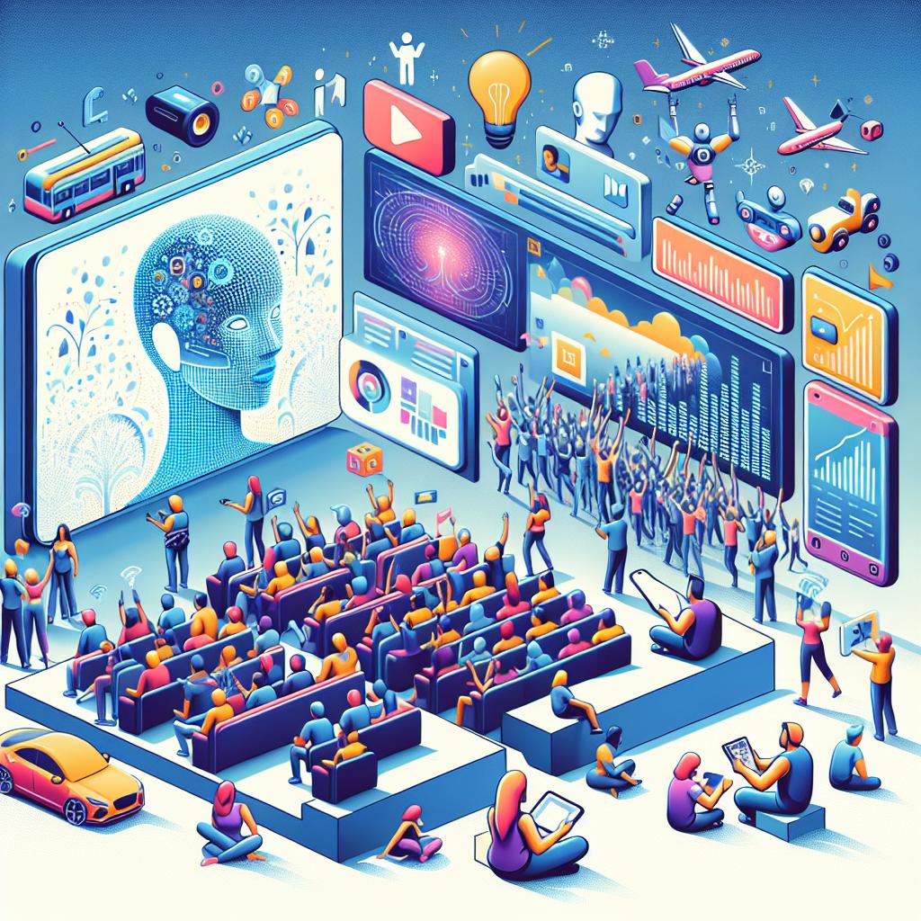 Imagine a contemplative scene that illustrates a modern entertainment scenario, where enthusiastic fans engage with interactive AI avatars and have custom experiences across various platforms. The image should be in a flat, simplistic, 2D, linear perspective style. The background should be plain white with no texture. It should include digital avatars symbolizing the interactivity provided by AI, large screens displaying real-time analytics and statistics, people of different descents and genders using their devices symbolizing easy access to technology. Lastly, incorporate vibrant colors to attract attention and reflect a dynamic atmosphere, and feature elements from games and films, highlighting roots of interactive entertainment.