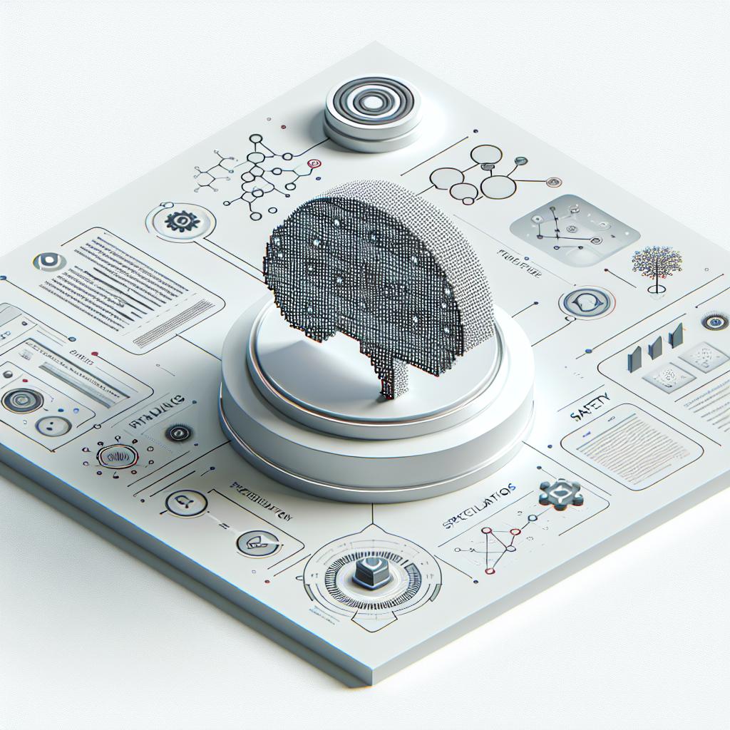 This is a flat 2D vector-style corporate image on a white, texture-less background. The main focus is an artificial intelligence model, symbolizing reasoning and AI capabilities. Around it, there are visual representations of thought chains, symbolizing the model's deliberative process. Safety specifications are visible, represented by iconography that emphasizes the importance of norms and guidelines. The entire scene is set in a digital environment, highlighting the technological context in which these models operate.