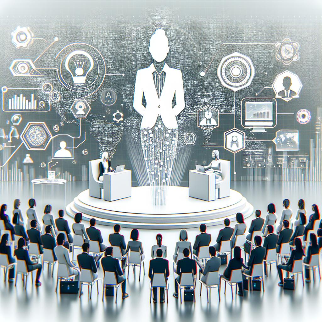 Illustrate a corporate-style, 2D vector image with a white, textureless background. Depict a prominent technology leader in the center, surrounded by innovative products on display - the image should reinforce the symbolism of female leadership in the tech industry. In the backdrop, represent a futuristic scenario that mirrors the forward-thinking vision of the company. Also, feature an engaged audience, symbolizing market reception. The representation of this new AI startup team at a product launch conference should be evocative of a progressive future underpinned by human-AI collaboration.