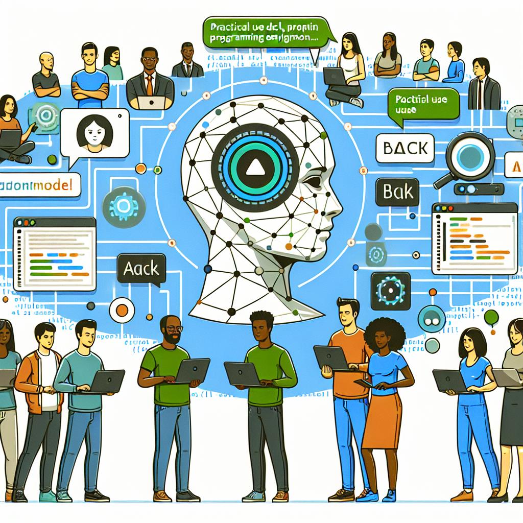 Illustrate a graphic conceptualizing the use of OpenAI's advanced model, o1, by developers in various programming environments. Portray a 2D, linear perspective image with a flat, vectorial, and corporate style. Picture developers actively engaging with the system, all from different descents like Hispanic, Middle-Eastern, Black, South Asian, and White, to showcase a globally diverse user base. The use of technology colors like blues and greens should be prominent, signifying innovation and trust in development. The background should be plain, white, and untextured. Additional elements like practical use code in the backdrop and artificial intelligence icons symbolizing integration should also be present.