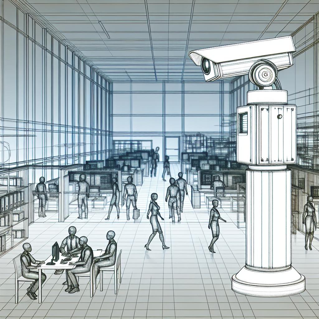 Create a 2D line art, corporate style image with a white and untextured background. The scene is set in a modern office environment symbolizing technological advance at work. In the foreground, portray an observing robot symbolizing surveillance in the companies. On the other side of the image, depict workers in a state of stress, illustrating the impact of monitoring on their well-being. Keep the picture simple and impactful highlighting the difference between workers and automated systems, signifying the constant surveillance they are subject to.