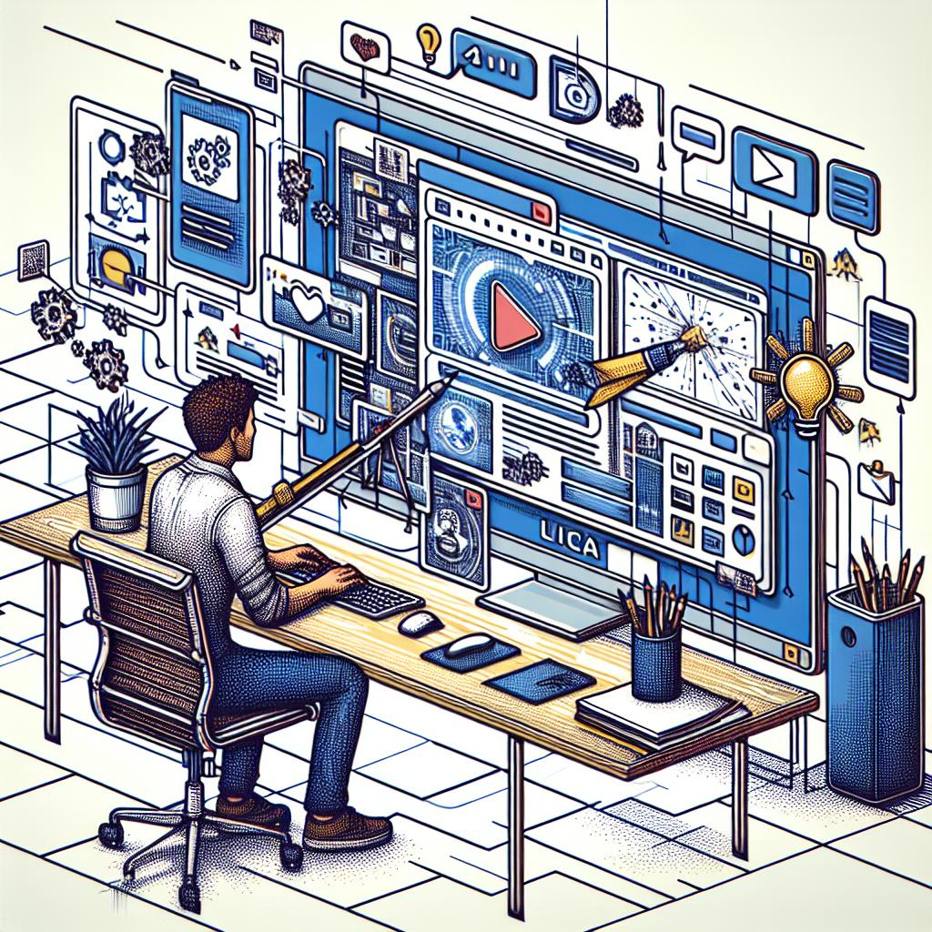 Generate a 2D, linear perspective image with a Flat and Corporative style, illustrating the scene of a cutting-edge workspace. Here, an individual of unspecified descent and gender is interacting with software on their computer screen. The software interface is representative of Lica, a tool developed by a startup that automates the creation of tutorials and product videos using screen recordings and image captures. Indicate this by having animated graphics and videos being created on the screen, symbolizing fun and dynamic content creation. The background should be white and textureless to maintain a clean and elegant look.