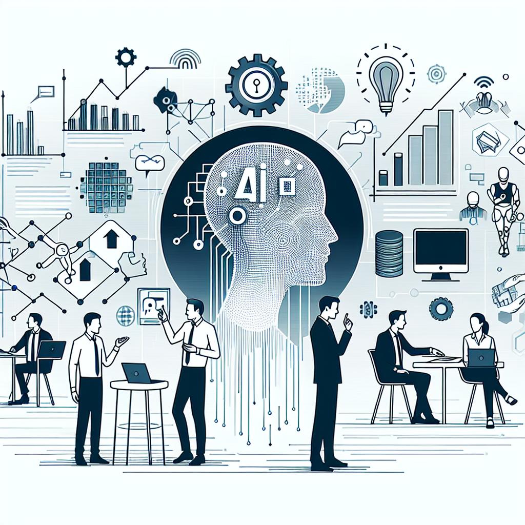 Create an image in a 2D, linear perspective with a white, untextured background. The style should be vector-based and flat, suited for corporate settings. The image should illustrate the interaction between humans and artificial intelligence. Add elements such as humans discussing ideas - to represent collaboration between humans and AI, data graphs - to symbolize the analysis and processing of information by the AI, computers and technology - to emphasize the technological advancement, scenes of corporate environments - to suggest practical applications in business, and illustrations of sectors like finance and health - to highlight the areas impacted by LLM reasoning.
