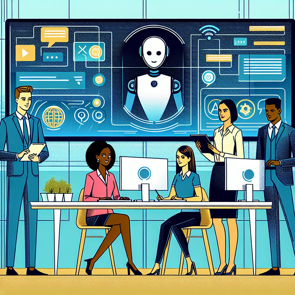 Illustration in a 2D, linear perspective depicting a corporate setting with a team of diverse professionals including a South Asian woman, a Caucasian male, and a Black woman all working on digital devices in a modern environment. An artificial intelligence assistant, represented symbolically, stands out on the screen, facilitating access to information. The style of the image should be vectorial and flat, with a vibrant color palette to convey efficiency and innovation. The background should be a simple, textureless white.