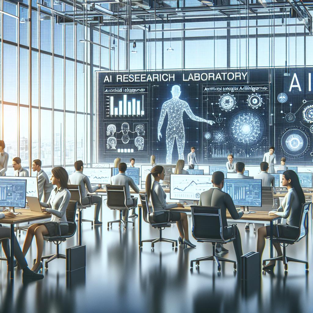 Efficiently portray a modern and futuristic AI research laboratory situated in San Francisco, primarily emphasizing the research endeavours of diverse teams. The teams, comprising men and women of different descents such as Caucasian, Hispanic, and Middle-Eastern, are engaged in the integration of artificial intelligence agents into digital and physical environments. Highlight some of their technologies - computers, and screen displays showcasing statistical data and charts. Use a vector style, flat and corporate-oriented, to illustrate the setting in a 2D linear representation against a textureless white background. The ambiance should be well-lit, symbolizing an atmosphere of innovation and upcoming possibilities.