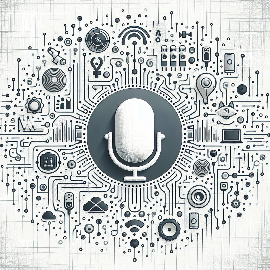 A 2D, linear perspective, flat and corporate style vector illustration symbolizing artificial intelligence advances. The largely white, textureless background, features symbols of technology interconnected with audio imageries such as abstract sound waves, microphones, and headphones indicating the new era in voice recognition. At the center of the image is a fictitious logo representing a startup in the AI field, emphasizing its innovative contributions in voice recognition technology. Modernity and technological advancement are suggested through tech-infused background. Keep it abstract and devoid of any specific text.