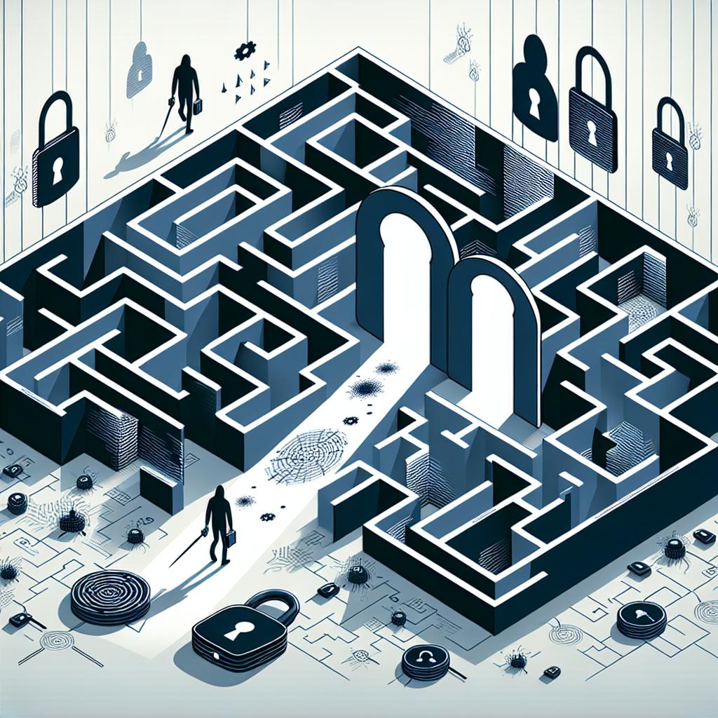 Visualize a 2D, linear perspective image in a corporate, vector, and flat style. The concept is centered around the growing cyber threats in a modern, digital era. Imagine navigating a complex maze, representing the challenges of present-day cybersecurity, which is depicted in dark colors to symbolize the invisible danger and threats. Scattered around the labyrinth, you see the silhouettes of hackers looming in the shadows, representing the imminent security threats. Broken padlocks are strewn, symbolizing failures in security. And, there's innovative authentication devices present which represent a shift towards password-less methods. The image is set against a plain, untextured white background.