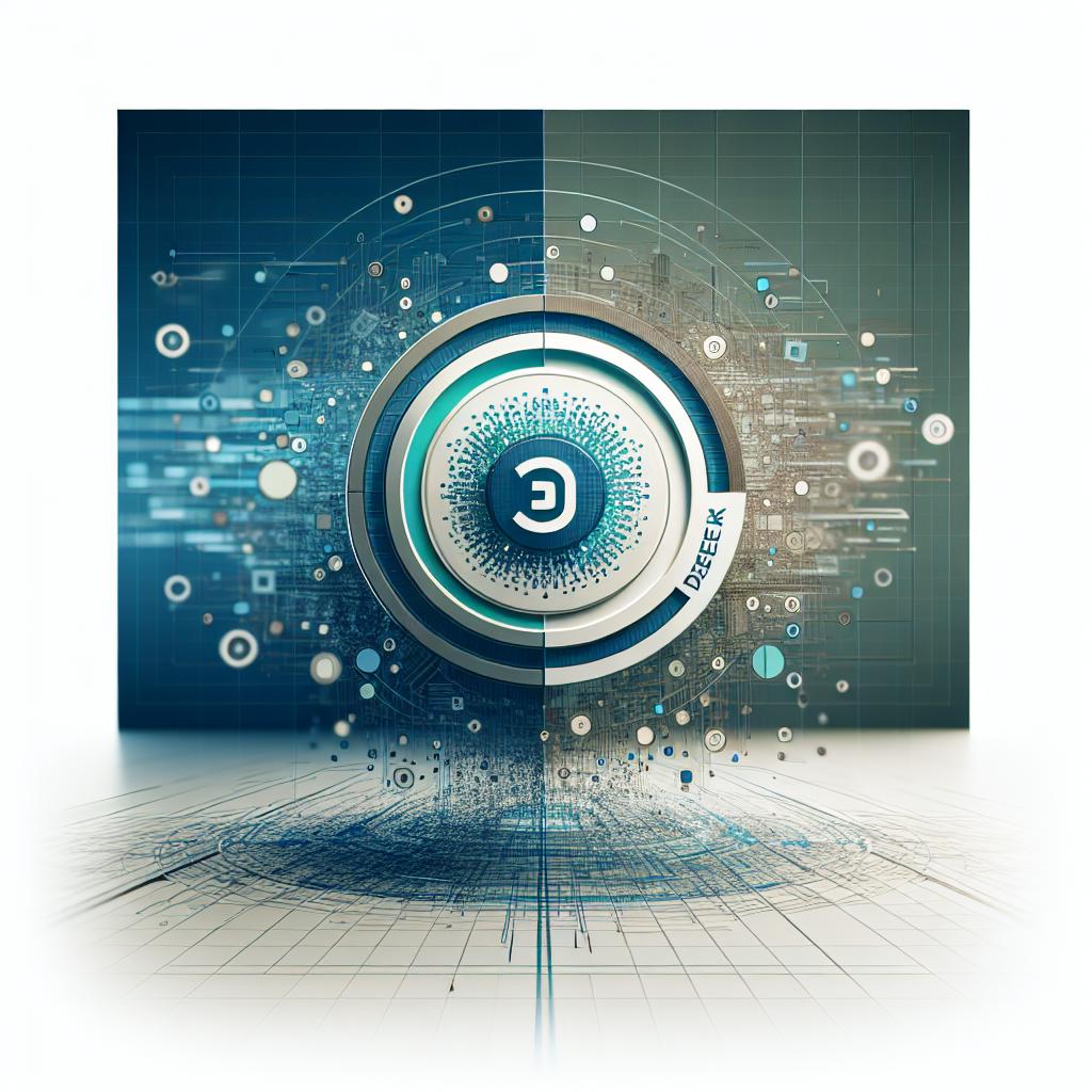 Visualize an image rendered in a Flat and Corporate vector style. The perspective is 2D and linear. The predominant color palette revolves around hues of blue and green, symbolizing technology and trust. Concentrate on a logo for 'DeepSeek V3', which represents the identity of a groundbreaking AI model coming from a laboratory. Place the logo against a white and textureless background to keep the focus on it. Surrounding the logo are digital elements moving about, illustrating dynamism in the AI sector and a technological background to emphasise advancement and innovation.