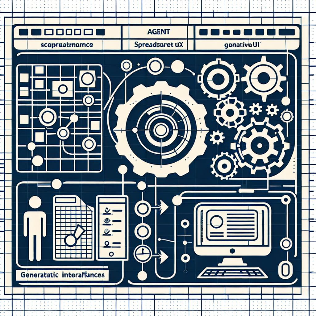 An image in a flat, corporate, vector style on a texture-less white background. The design adheres to a 2D linear perspective, showcasing the evolution of User Experience (UX) and User Interface (UI) designs for agents. The central elements include a spreadsheet where each cell signifies an agent, a computer that personifies the human-AI interaction, and cogs that depict the workings of generative interfaces. These elements represent the three innovative UX designs discussed in the AI Ascent conference held in March 2024: Spreadsheet UX, Generative UI, and collaborative UX between humans and agents.