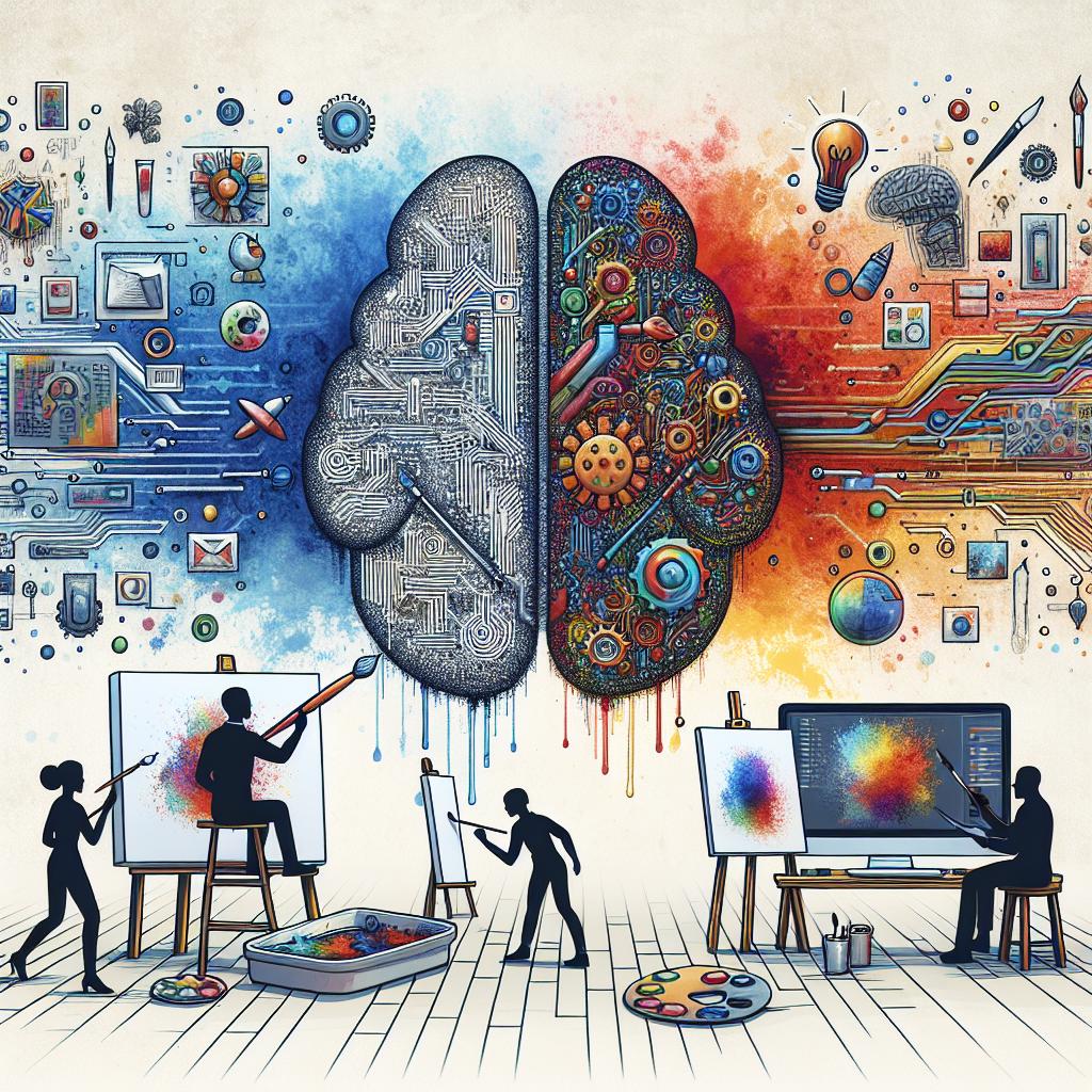 Generate an AI-combined artwork, showcased as a fusion of a digital art on a computer screen at one end and a traditional painting on a canvas at the other end, symbolizing the merge of technology and human creativity. The setting is in 2D, shown from a linear perspective on a flat, white and textureless background. The artists, one black male and one Asian female, are actively engaged in the creation process. There are vibrant colors signifying innovation and creativity, combined with drawings of paint brushes and circuit designs, illustrating the blend of traditional art and technology. Overall the image should have a vectorial, flat, and corporate aesthetic.