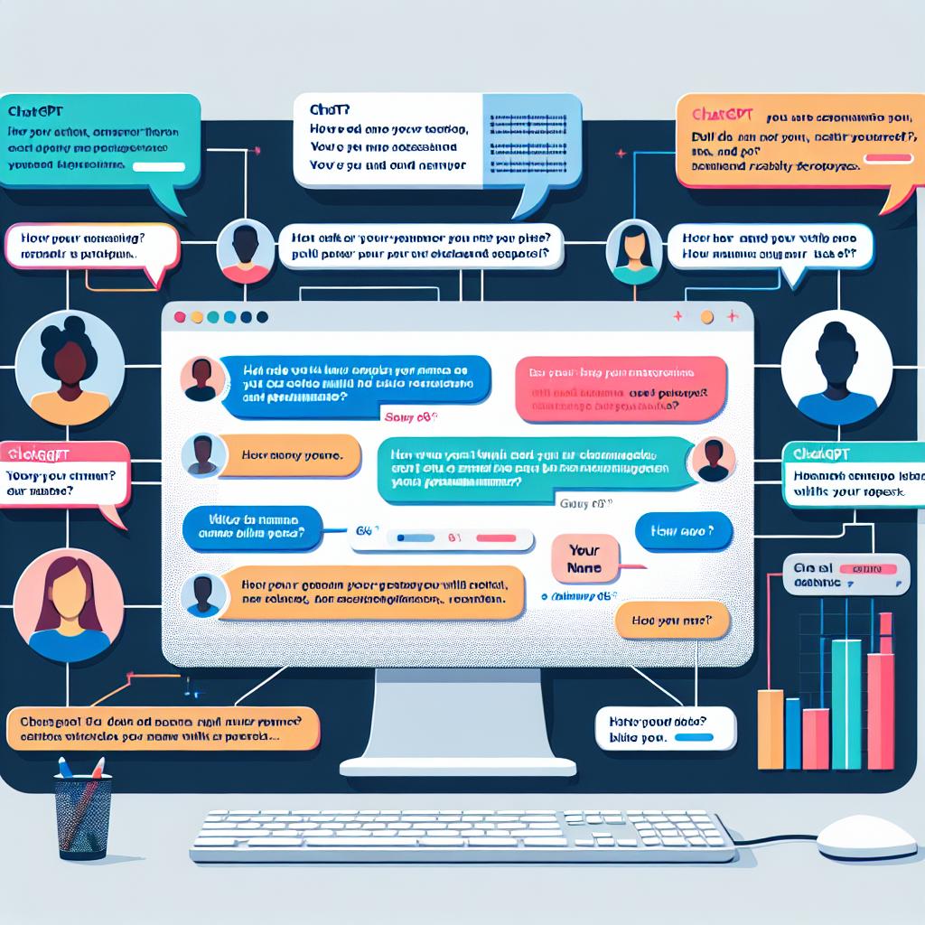 Create a 2D vector-style corporate image with a white and textureless background, illustrating how ChatGPT interacts with users of different names, highlighting examples of gender and racial stereotypes in its responses. Include a computer screen that displays ChatGPT environment where different names produce distinct responses. Place emphasis on selected names with contrasting colors to underline the variation in responses, and incorporate some simple graphs representing the percentage of identified bias.